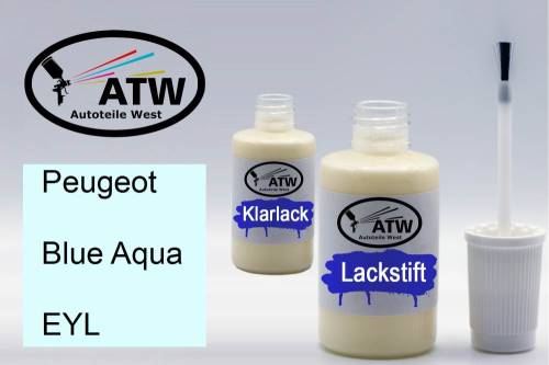 Peugeot, Blue Aqua, EYL: 20ml Lackstift + 20ml Klarlack - Set, von ATW Autoteile West.